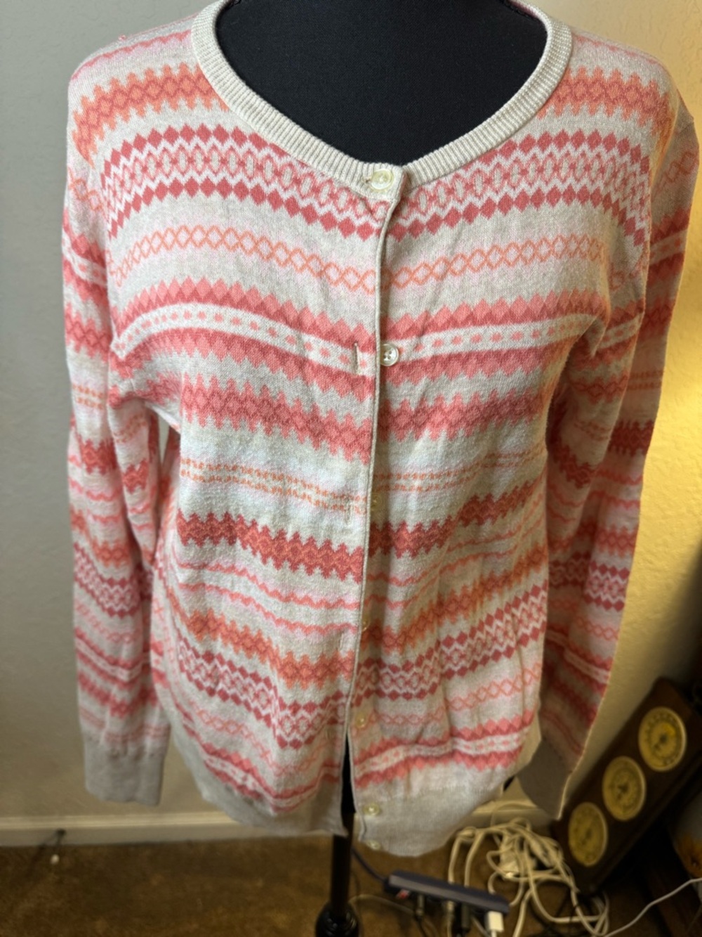 Lands' End Pink and Cream Fair Isle Button Cardigan